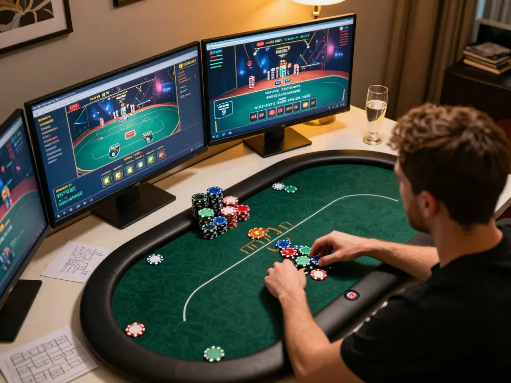 Engaged player analyzing strategies on VA88 poker interface with colorful chips on stylish desk.
