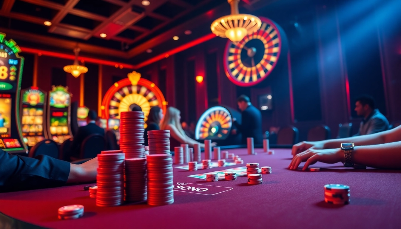 Excited players at TT88 casino table engaging in intense poker gameplay amidst vibrant slot machines.