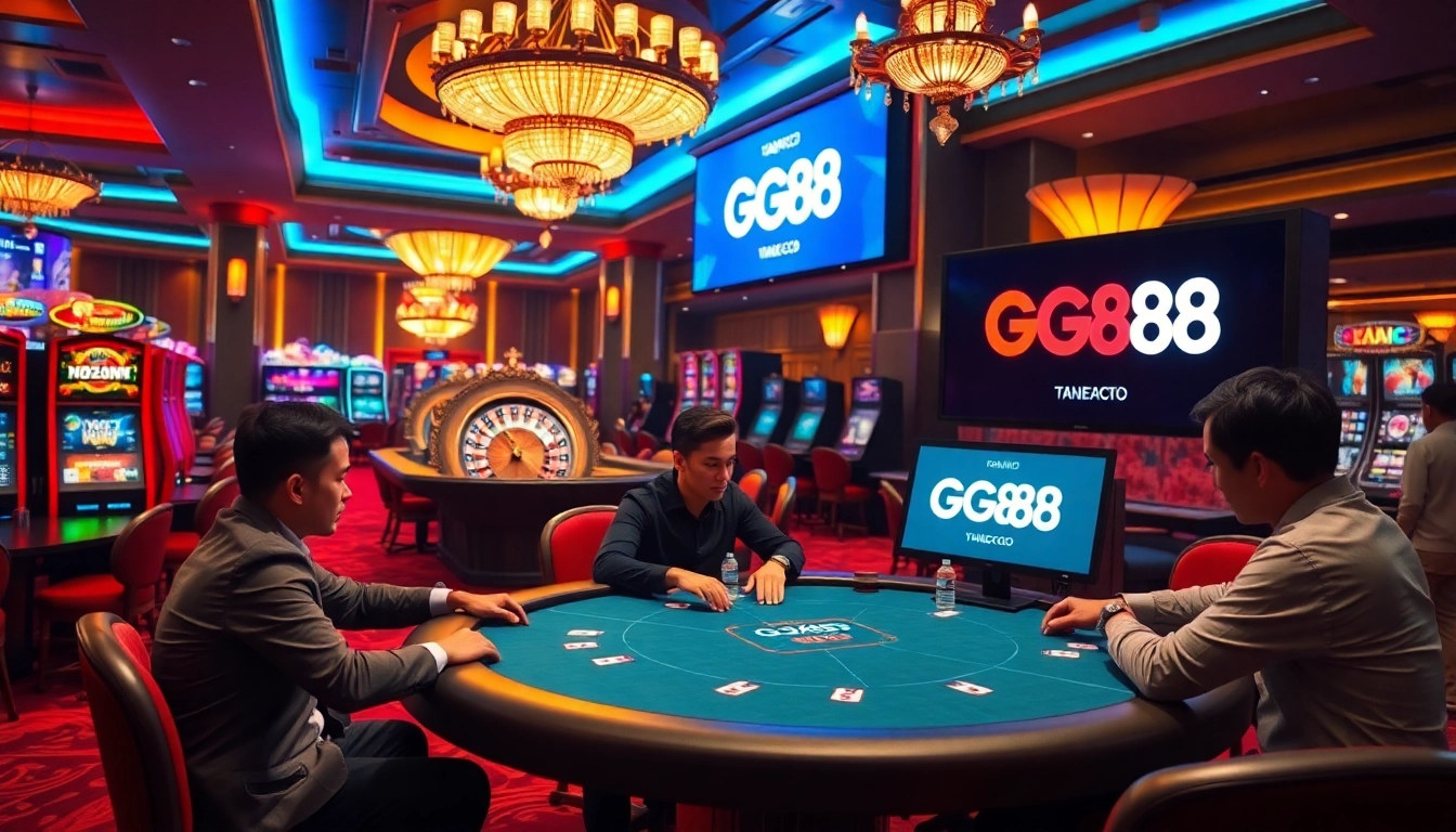 GG88 poker game with players in a luxurious casino setting, highlighting excitement and strategy.
