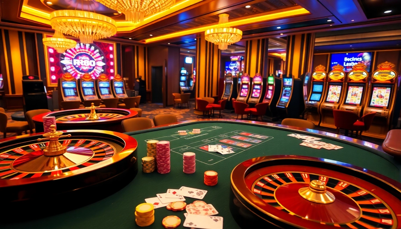 Experience rr88. thrills at a luxurious casino with vibrant gaming tables and slot machines.