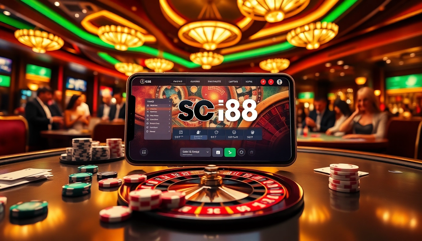 SC88 players engaging in thrilling casino games surrounded by vibrant poker chips and roulette wheels.