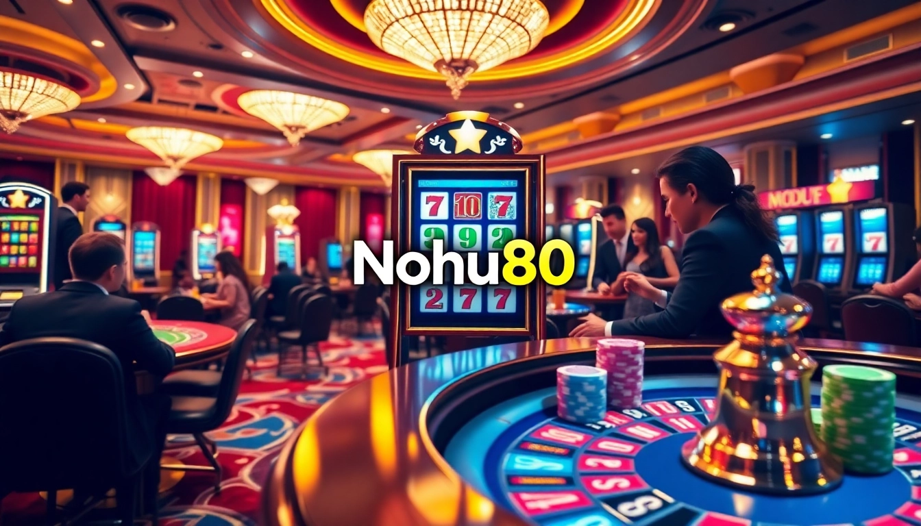 Players spinning the Nohu90 slot machine in an upscale casino setting filled with excitement.