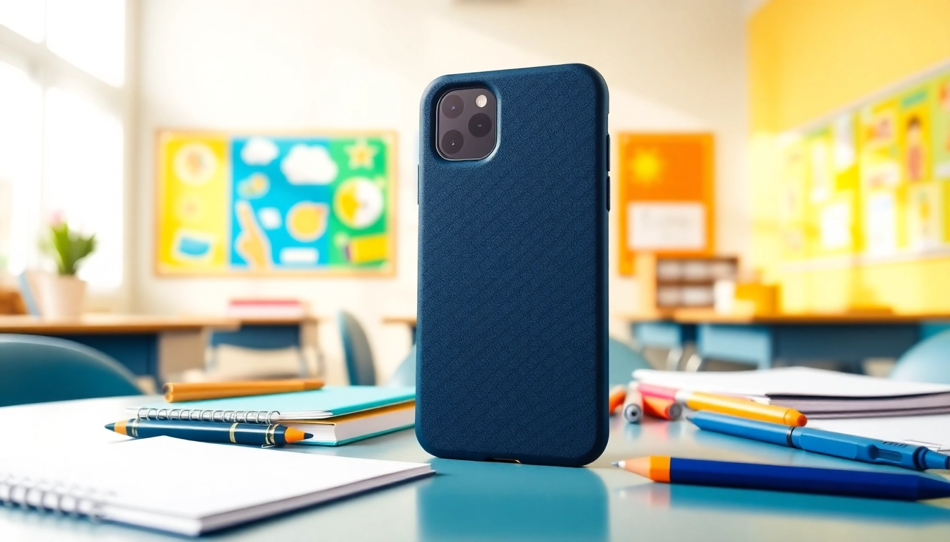 Handytasche Schule auf einem Schreibtisch neben Schulmaterialien.