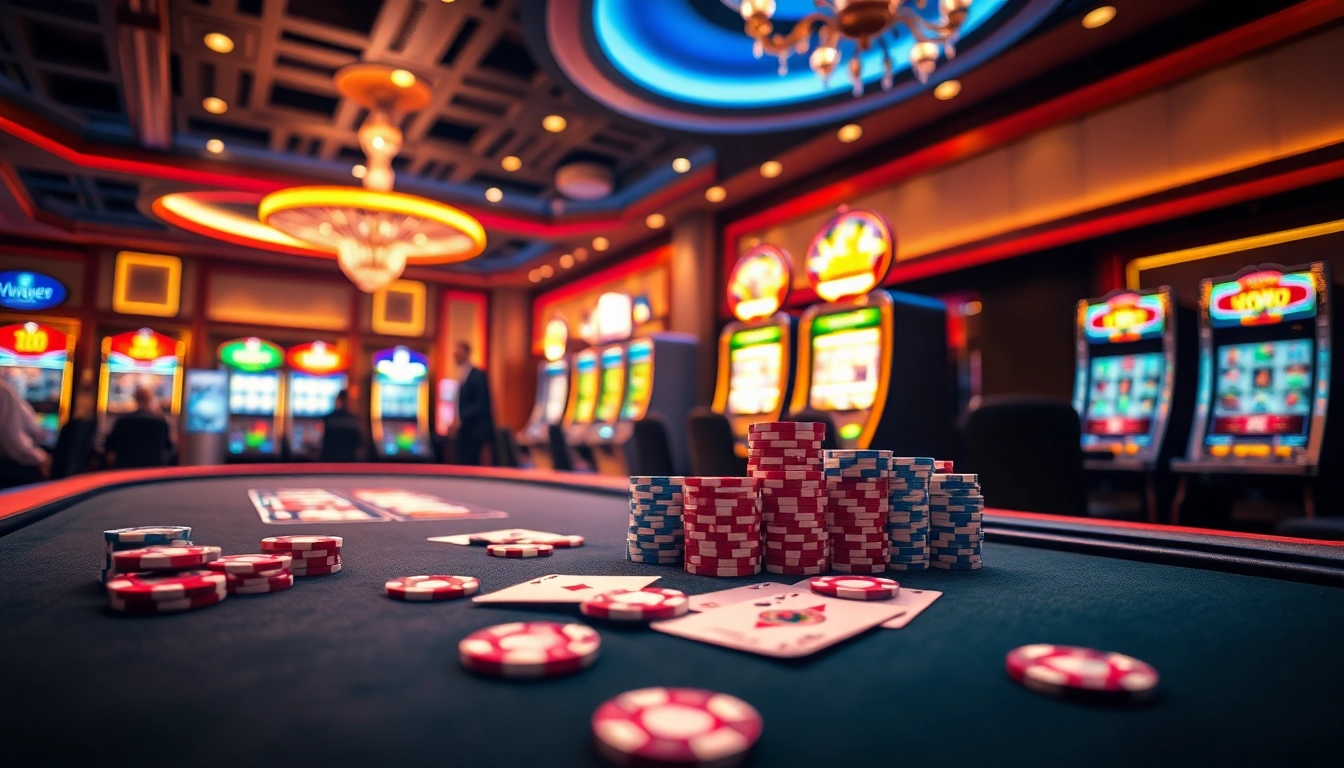 Exciting online casino atmosphere at 13win asia with vibrant tables and glowing slot machines.