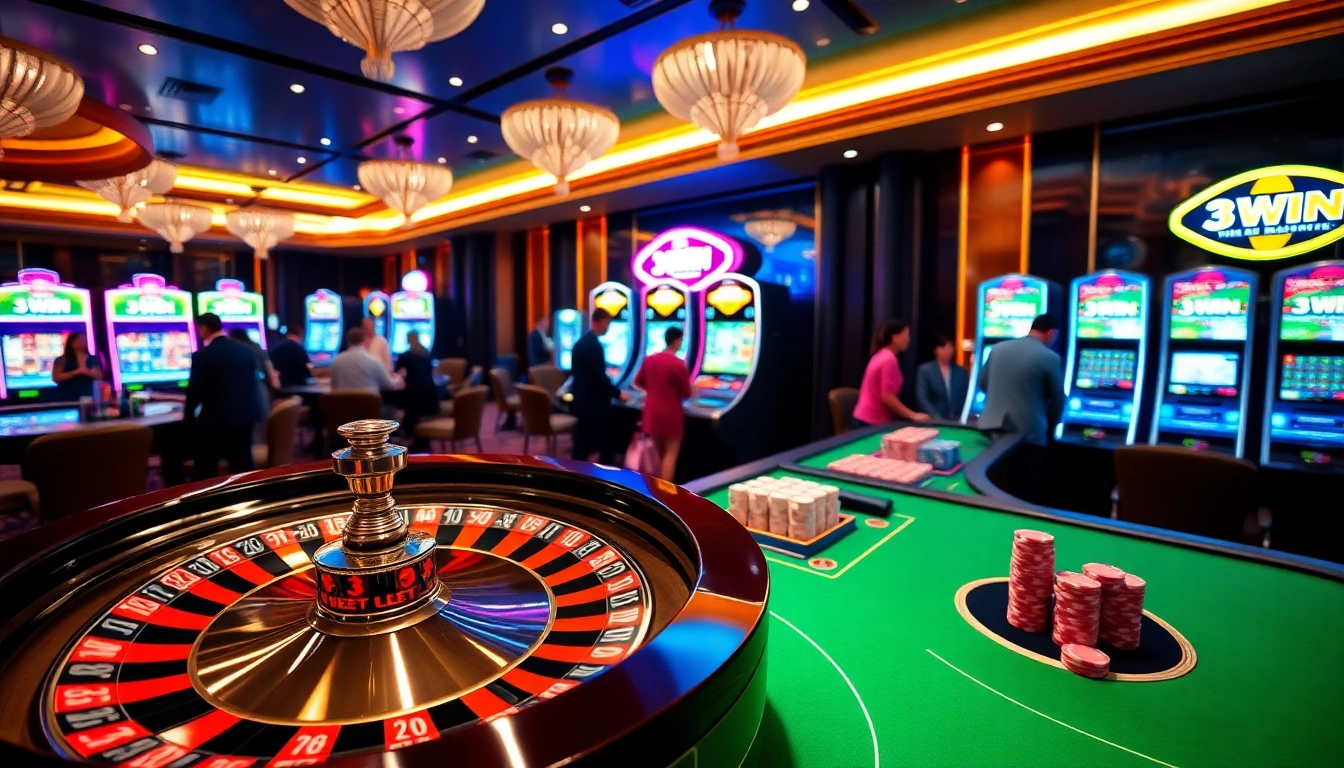Experience a thrilling gaming atmosphere at 3WIN Casino with vibrant poker chips and roulette.
