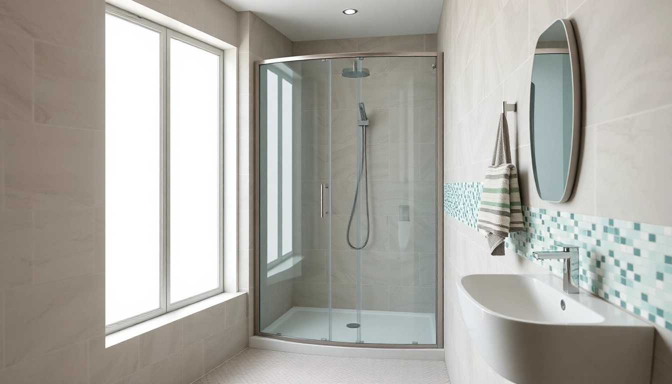 Duschkabine 90x90 in einem modernen Badezimmer mit eleganten Glasschiebetüren und neutralen Farbtönen.