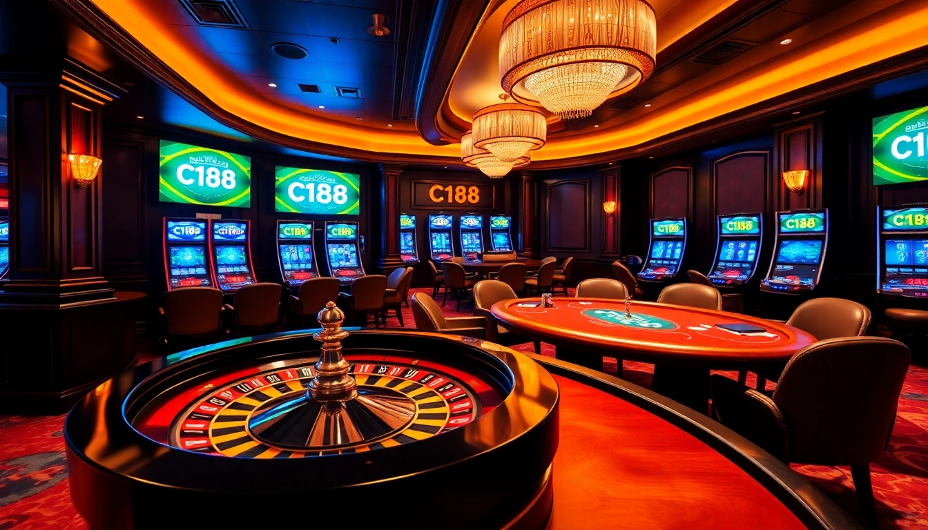 Engaging players experience thrill at C168's luxurious casino with roulette and poker tables.