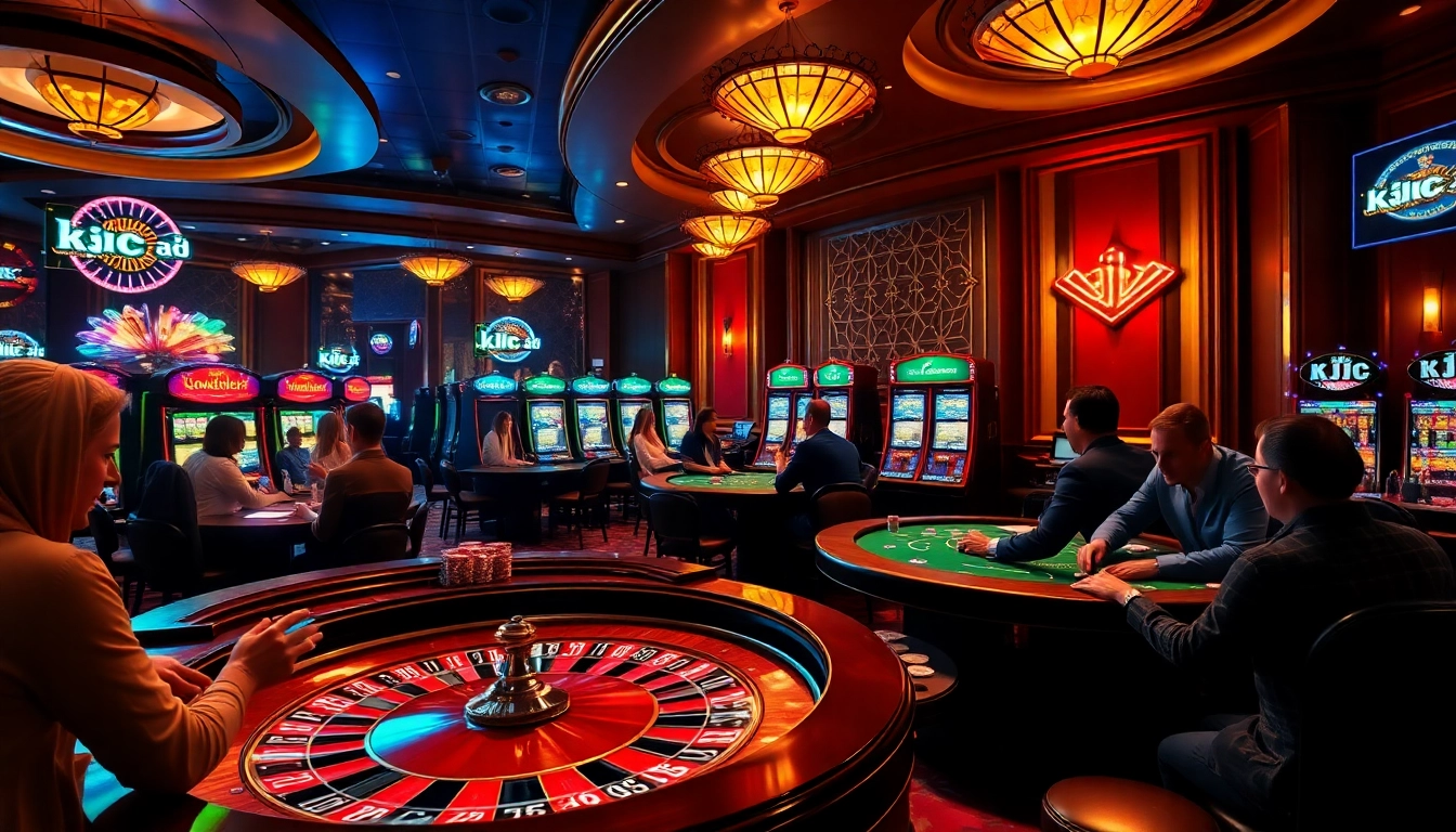 A lively casino scene showcasing exhilarating play at https://kjc.ad/ with roulette, poker chips, and excited players.