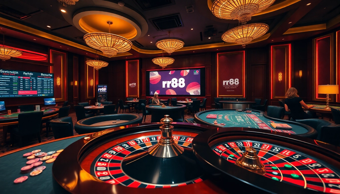 Casino action featuring rr88 with players engaged at tables and digital betting interfaces