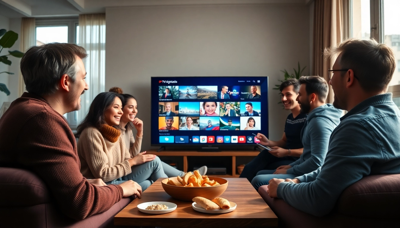 Genießen Sie IPTV digitales TV in einem modernen Wohnzimmer mit Freunden und Familie.