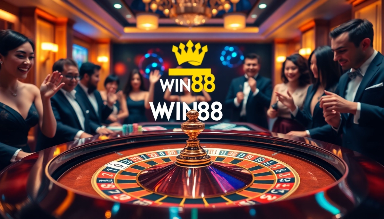 Players enjoying a game at the WIN88 casino, surrounded by vibrant roulette and poker elements.