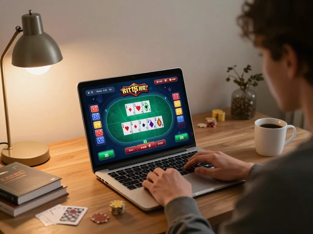 kp88 players engaging with online poker in a stylish home setup, showcasing strategic gameplay.