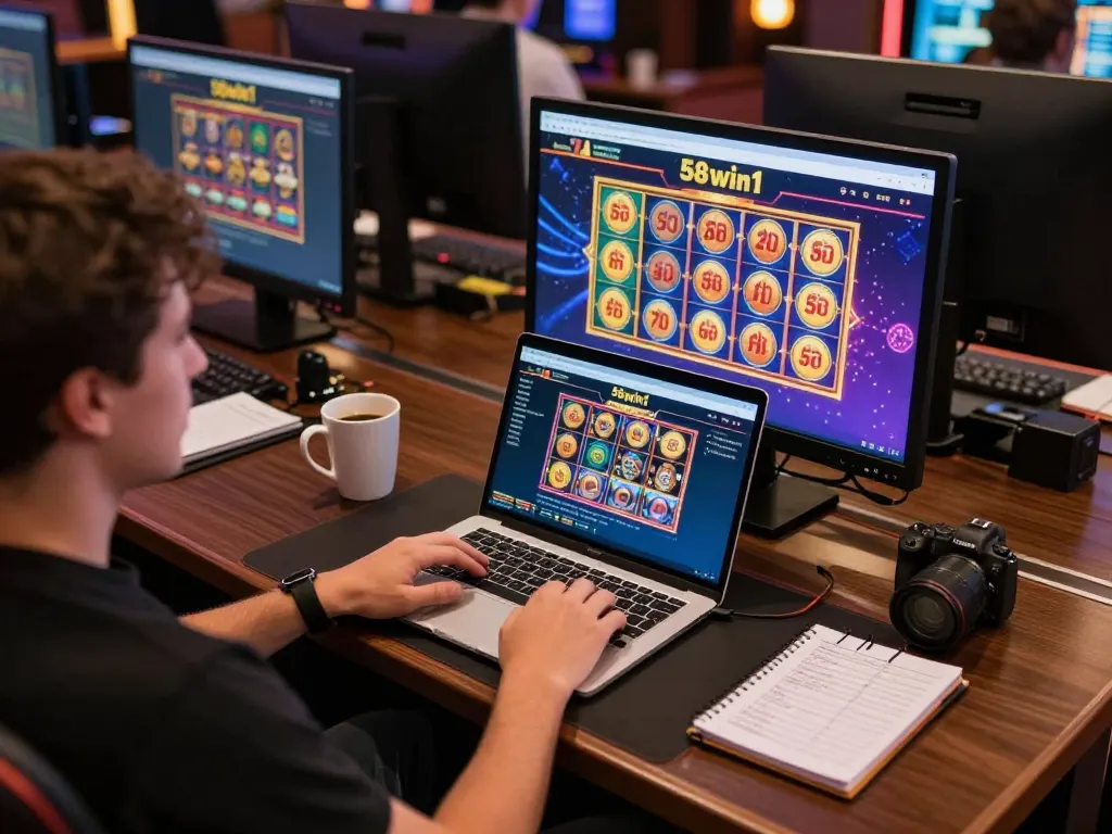 Engaged player strategizing on 58win1 online casino, showcasing a laptop setup