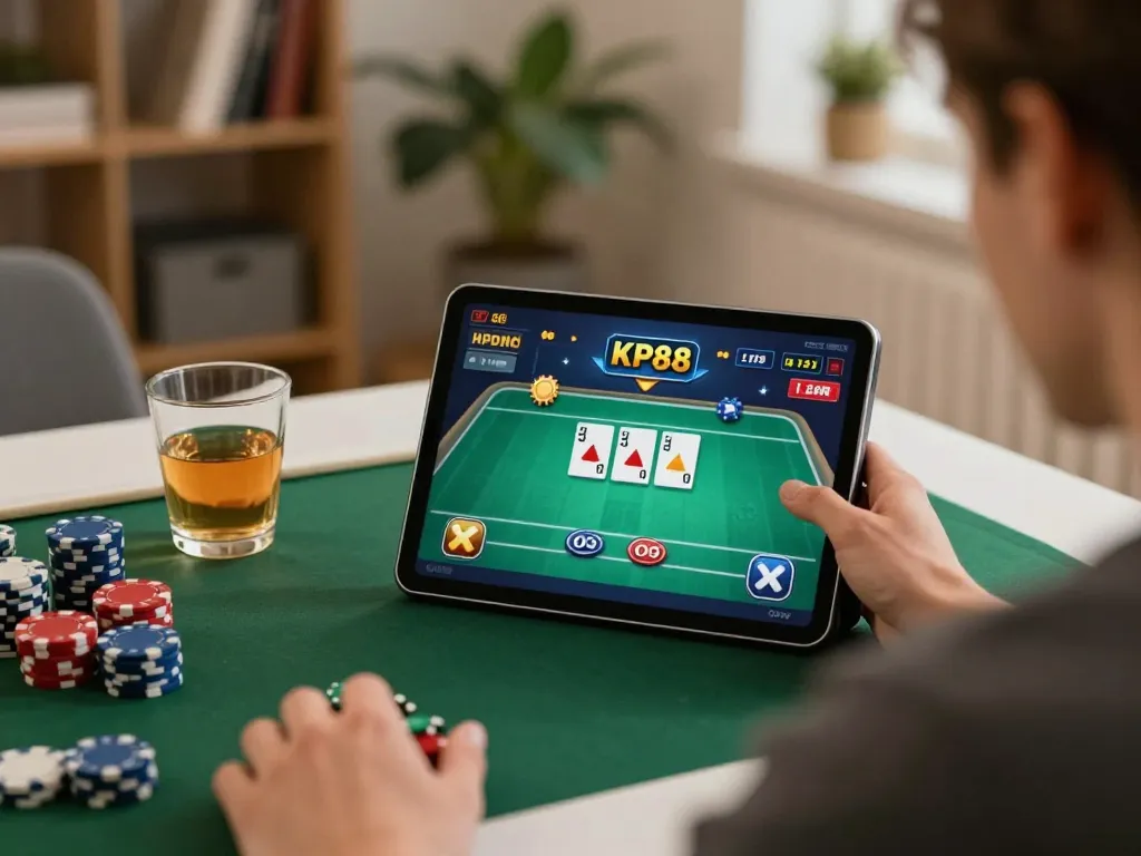 Engaged player enjoying KP88 online poker game on a tablet in a cozy home