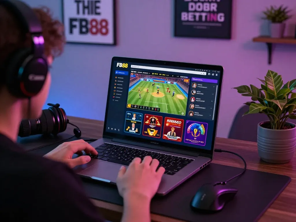 Player betting on FB88 platform in an engaging home office, highlighting exciting sports events and casino games.