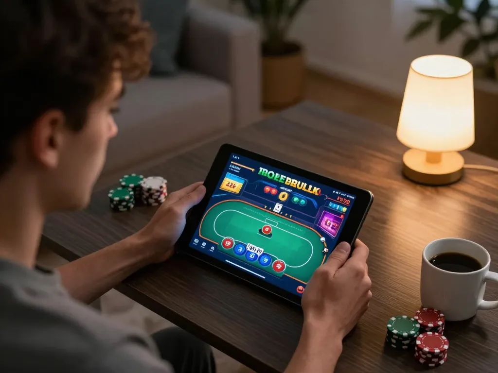 Engaged player explores 78win card game on tablet in a cozy home gaming setup.