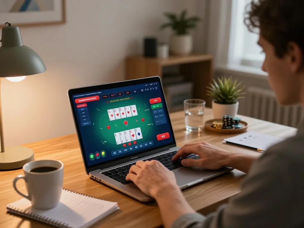 Engaged player at home using 888new online casino platform for poker strategy.