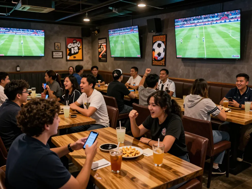 Lương Sơn TV viewers passionately watching live football and placing bets at a vibrant sports bar