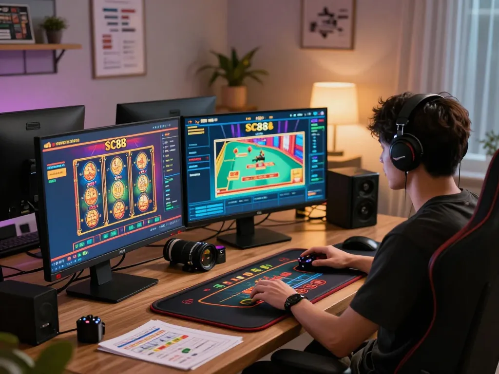 Engaged user analyzing sc88 casino games on multiple screens in a modern gaming setup.