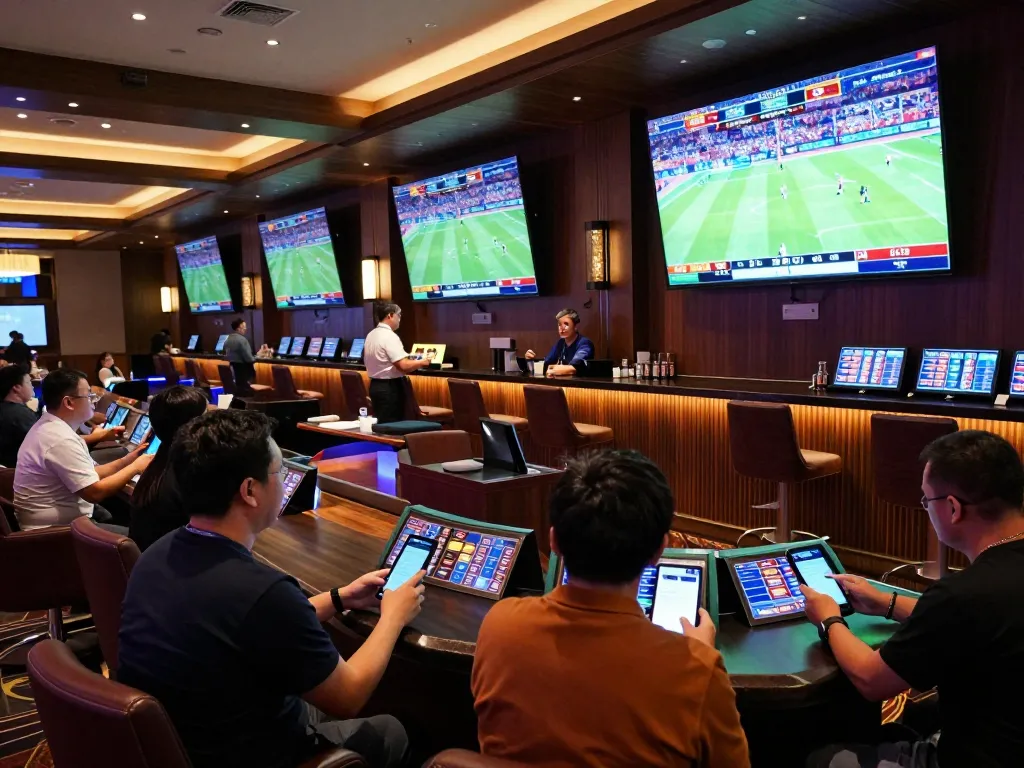 Sin88 bettors engaged in live sports wagering with excitement in a vibrant casino lounge