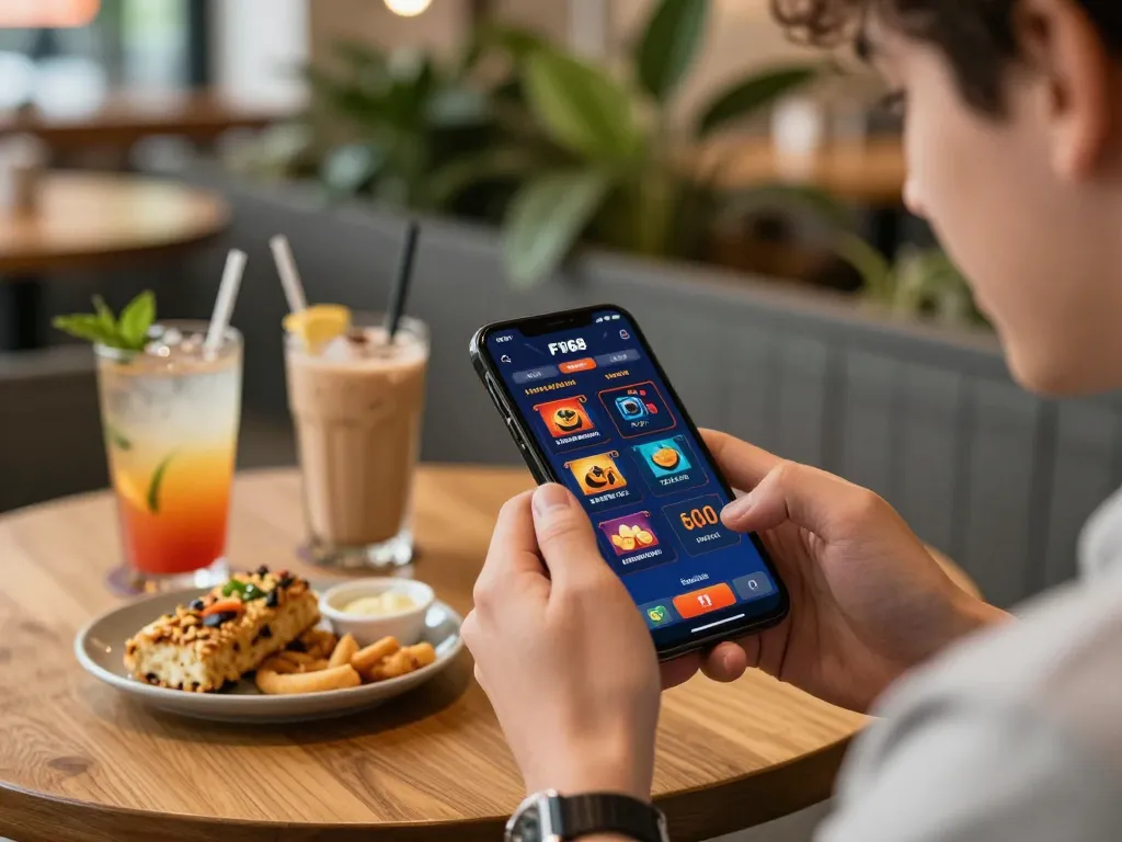 Engaging player accessing LINK VÀO F168 through a mobile casino app in a cozy cafe setting.
