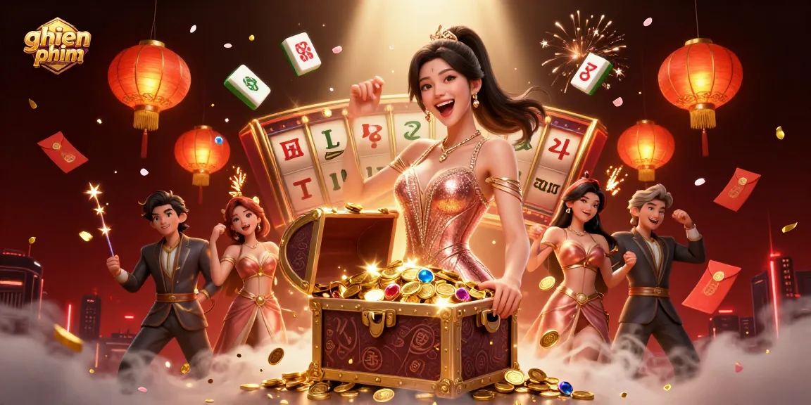 Experience the thrill of ghien phim with a dazzling treasure chest and floating casino elements.