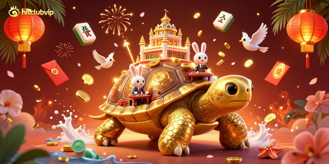 Experience thrilling games at hitclubvip with a captivating scene of a golden tortoise casino, vibrant dealers, and lucky symbols.