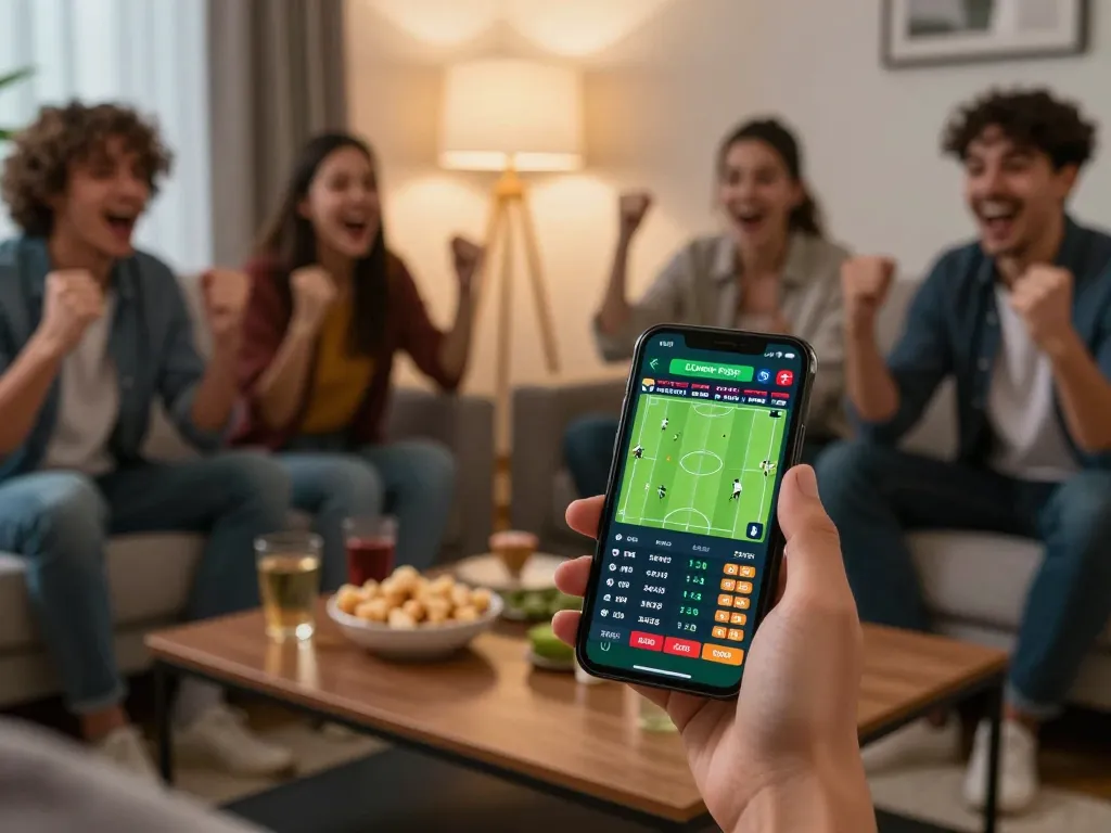 Person engaging with LV88 sports betting app during a lively home viewing party