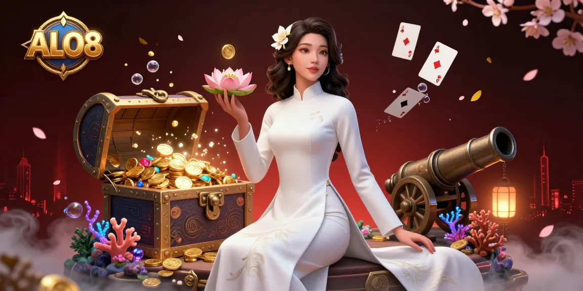 Join ALO8's immersive gaming experience alongside a serene woman in a traditional Vietnamese ao dai, creating vibrant action.