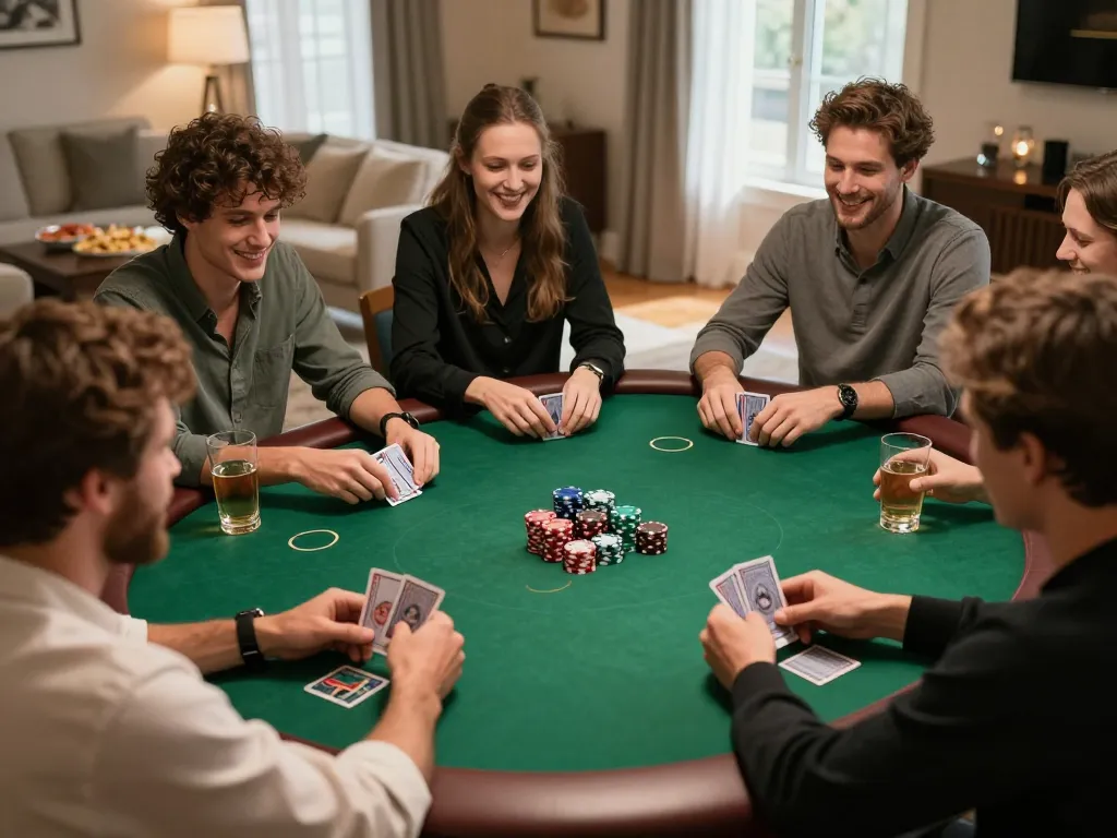 RR88 players enjoying an exciting home poker game night, chips and cards visible, creating a friendly competition atmosphere.