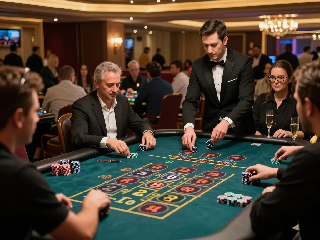 Players placing bets at a live roulette table in ALO8 PRO's vibrant casino atmosphere