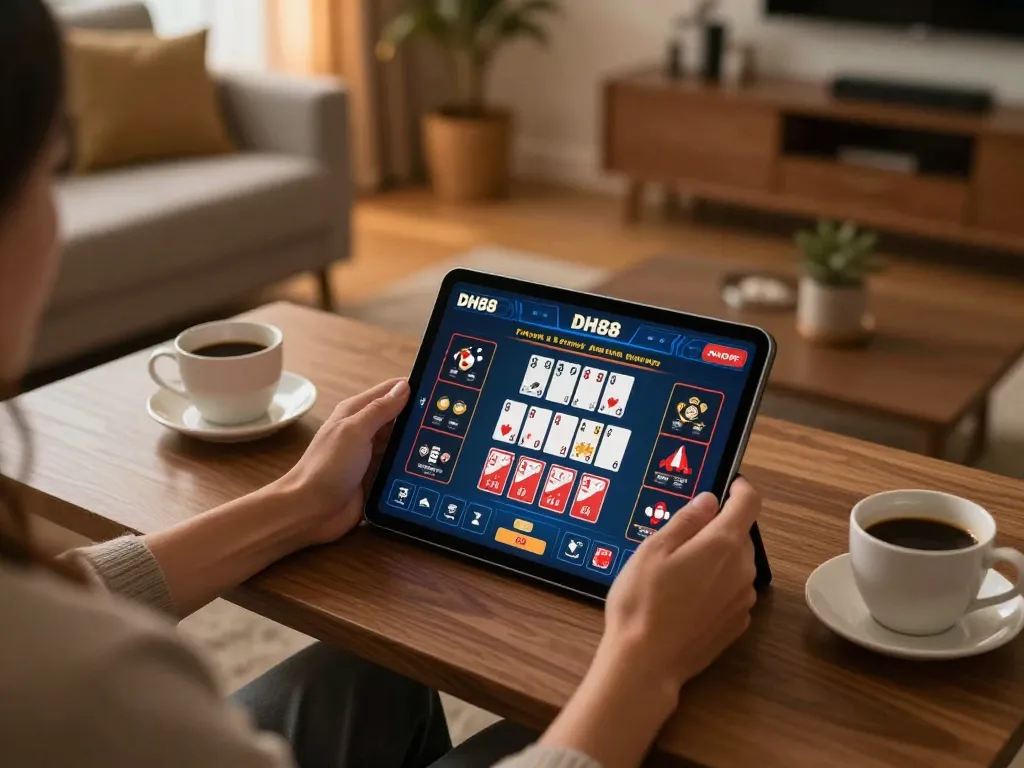 Play poker online at DH88 using tablet in a cozy home setting, highlighting responsible gaming habits