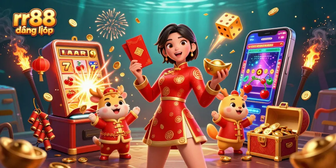 Experience the excitement of rr88 đăng nhập with vibrant casino elements and festive characters.