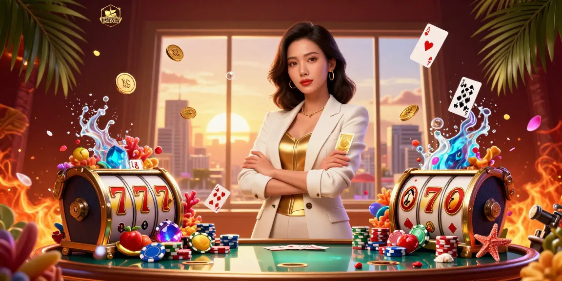 Engage in thrilling gameplay with SUNVIN, featuring a powerful Asian woman showcasing her poker skills among gold coins and vibrant casino elements.
