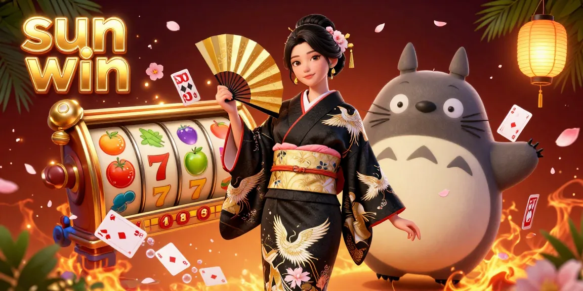 Experience thrilling slots with sun win in this vibrant 3D illustration featuring dynamic characters and game elements.