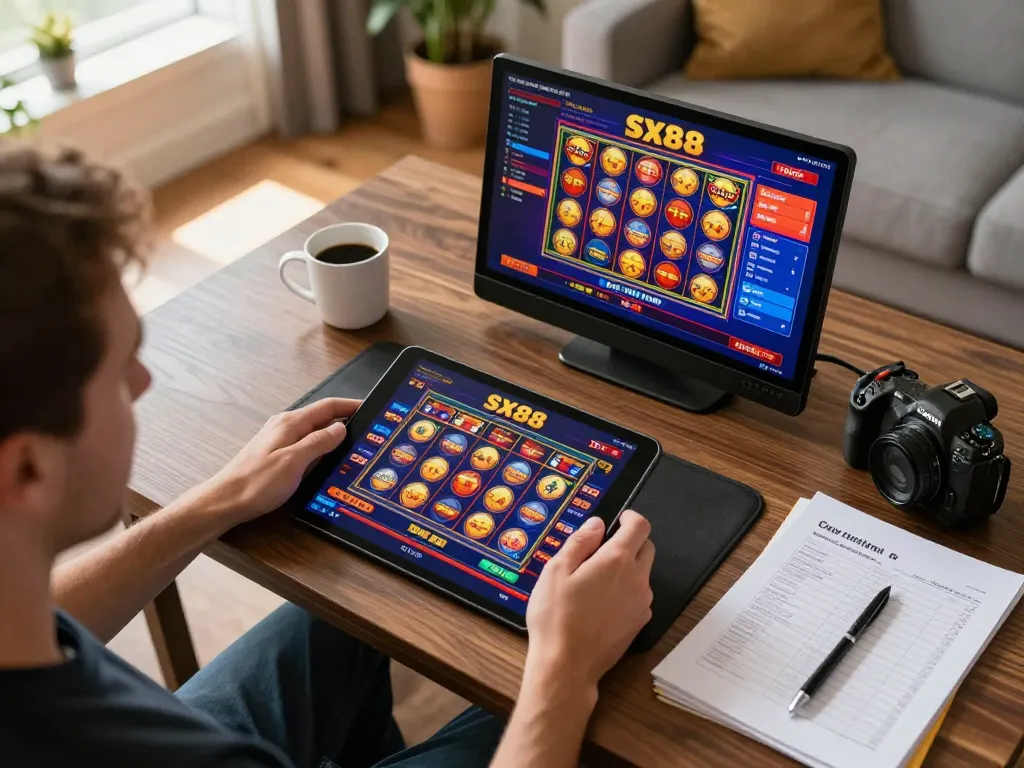 SX88 user actively engages with online casino gaming on a tablet, depicting excitement and strategy in home setting