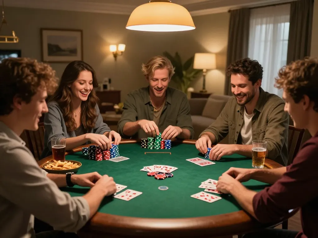 Friends enjoying a poker night at home, showcasing their strategic gameplay with ALO8 design chips.