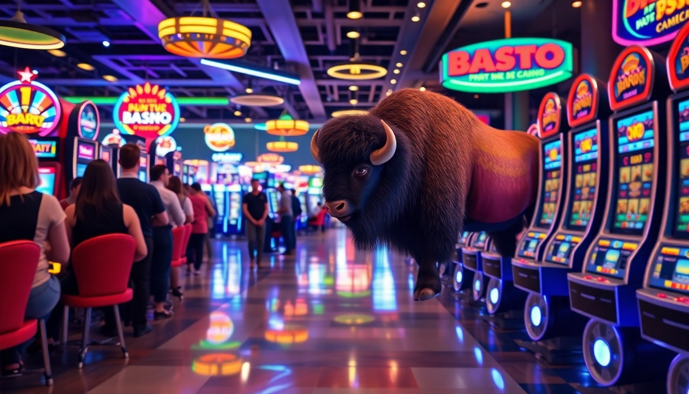 Spiele play bison an lebhaften Spielautomaten in einem Casino-Setting voller Farben.