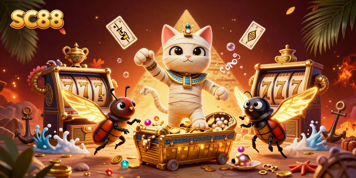 Experience thrilling SC88 action with a cartoon Egyptian mummy cat in a vibrant casino scene.