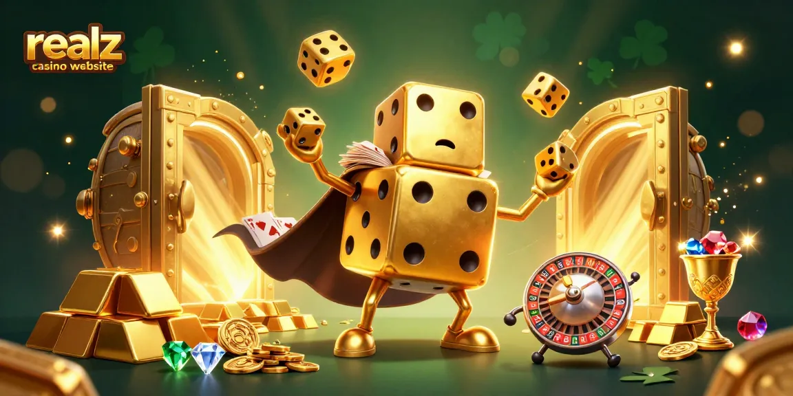 Erlebe die erstaunliche Welt der realz casino website mit einem goldenen Würfelgolem, der kleinere Würfel jongliert.
