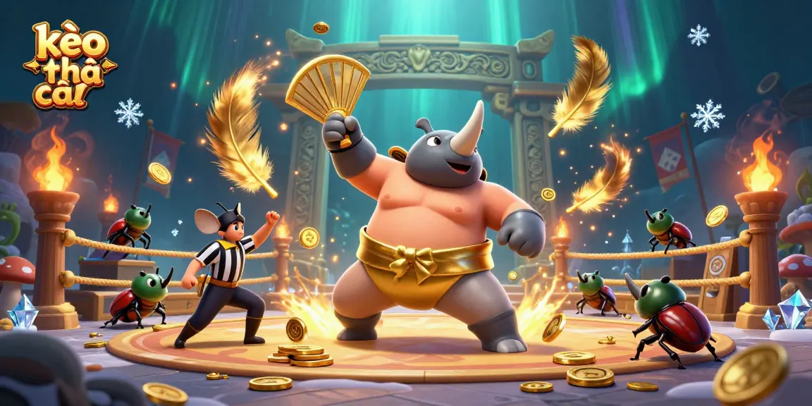 Engaging dynamic scene illustrating kèo nhà cái action featuring a beetle champion amidst flying coins and excitement.
