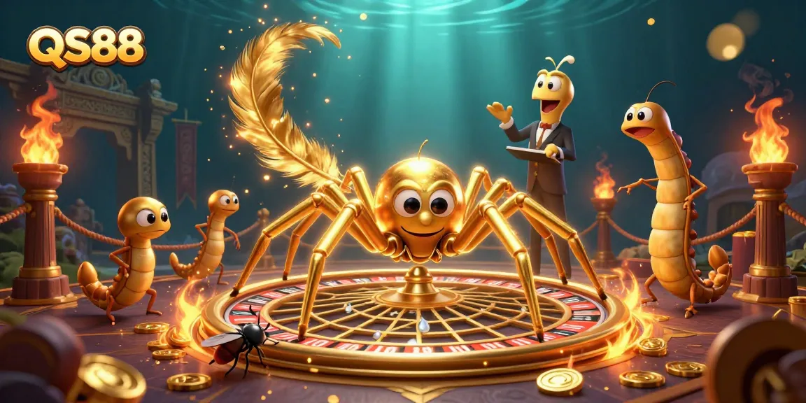 Experience thrilling gaming with QS88's golden spider and centipede croupier in an engaging casino scene.