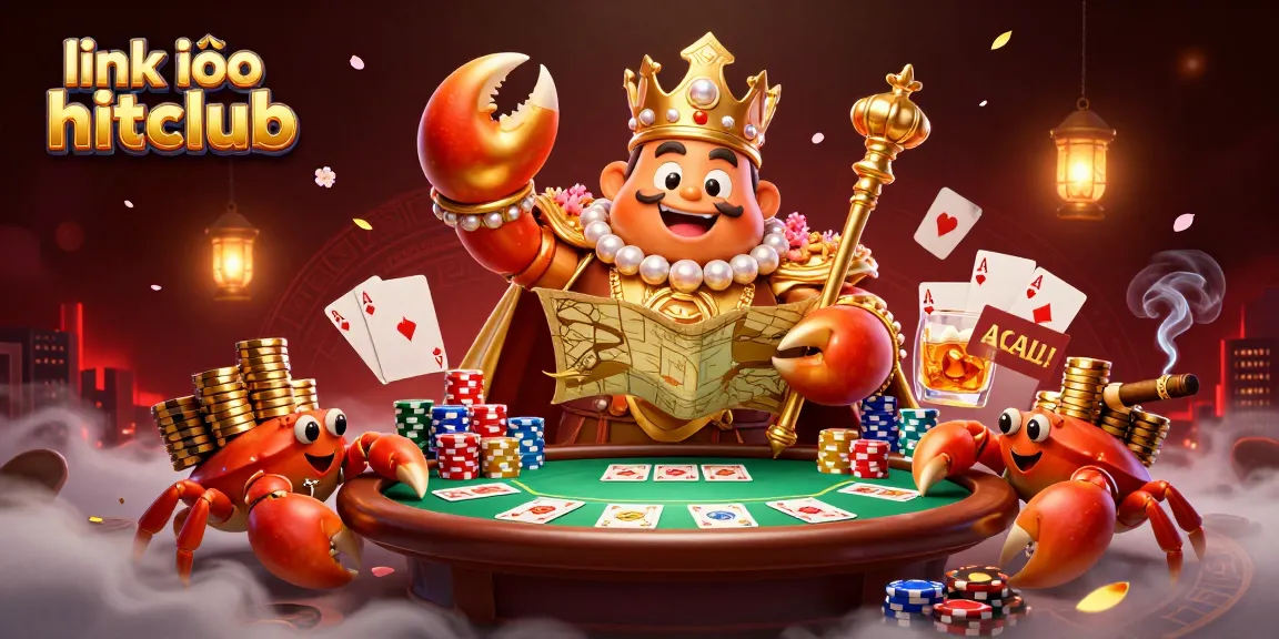 Engage with link vào hitclub to play thrilling poker games, featuring a golden crab emperor and vibrant casino elements.